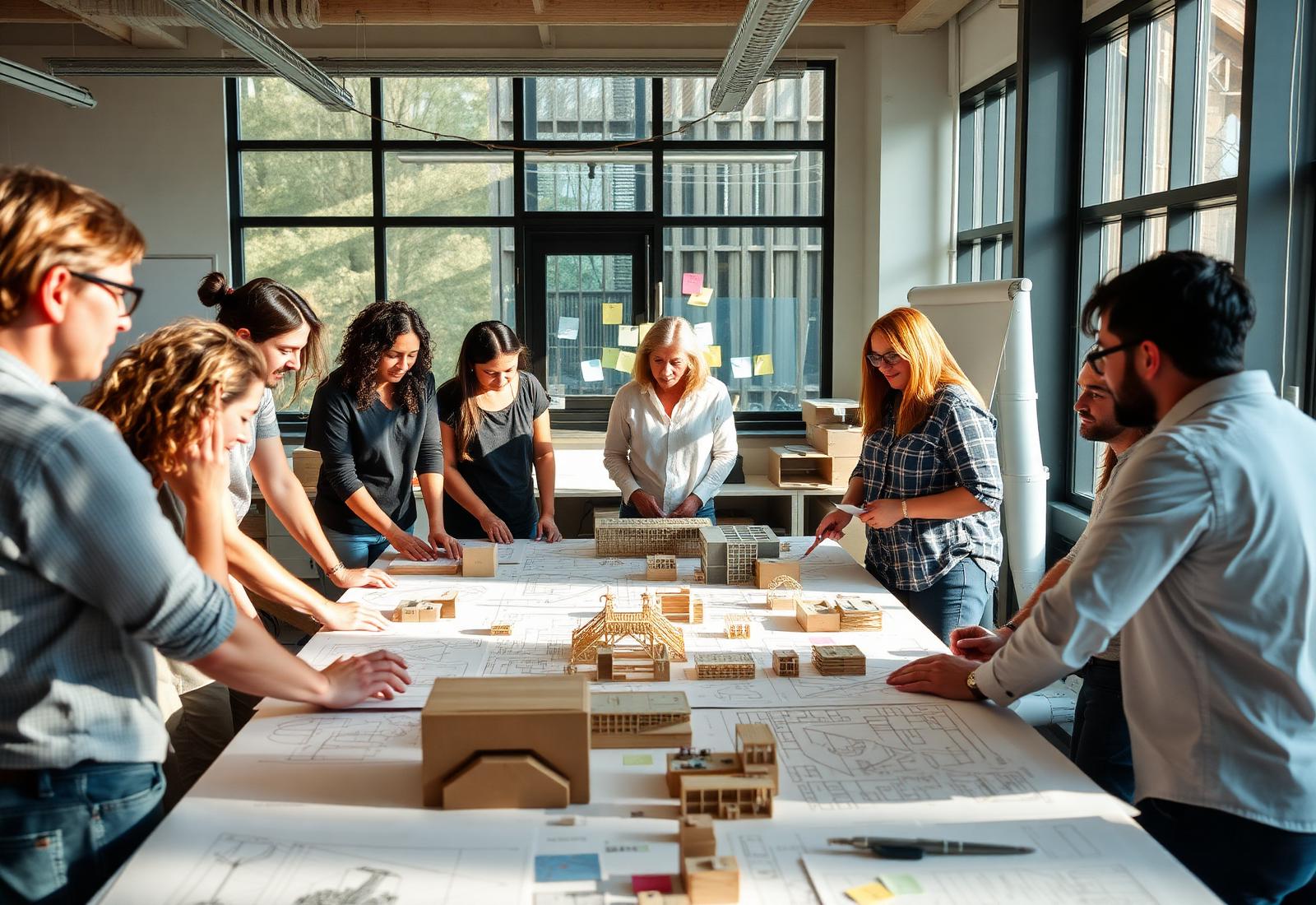 ASAP Design Studio team working around a table of drawings and models
